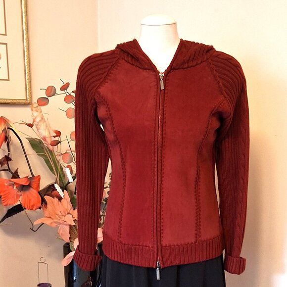 NWT Women's Wine Red Burgundy Zip-Up Hooded Cardigan Knitwear Sweater 6 S - Picture 3 of 9